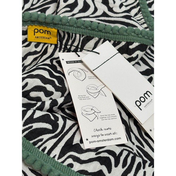 POM Amsterdam Zebra Print Shawl Women OS Black White NEW Pom Pom Trim Scarf - Picture 3 of 10